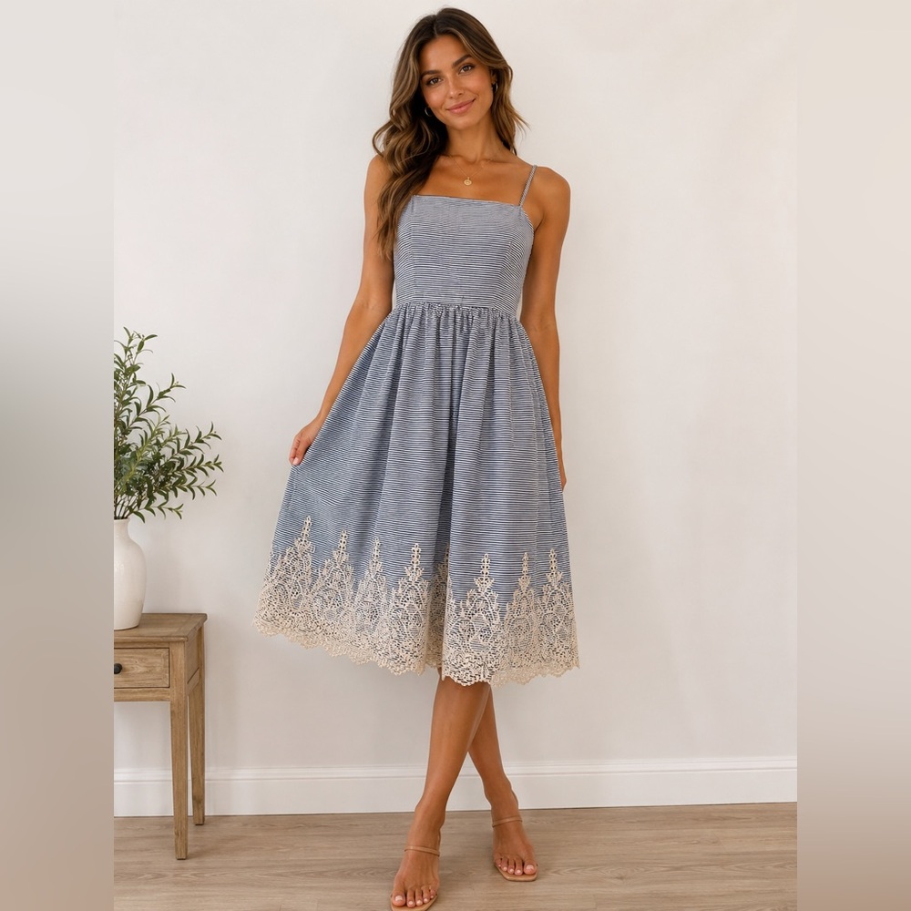 Gianni Bini‎ Blue Striped Cotton Lace Hem Sundress 10 Cottagecore Midi Dress 10
